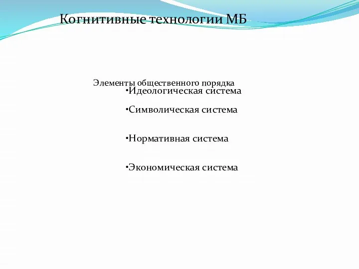 Идеологическая система Символическая система Нормативная система Экономическая система Когнитивные технологии МБ Элементы общественного порядка