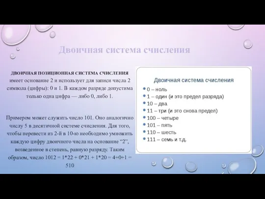 Двоичная система счисления ДВОИЧНАЯ ПОЗИЦИОННАЯ СИСТЕМА СЧИСЛЕНИЯ имеет основание 2 и