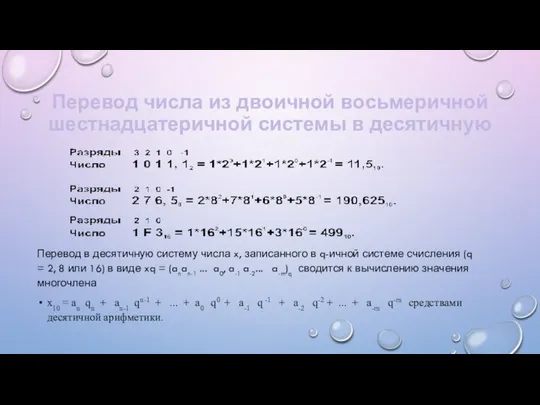 Перевод числа из двоичной восьмеричной шестнадцатеричной системы в десятичную Перевод в