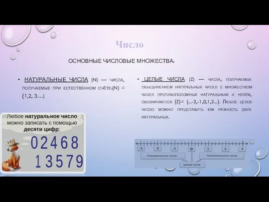 Число ОСНОВНЫЕ ЧИСЛОВЫЕ МНОЖЕСТВА: НАТУРАЛЬНЫЕ ЧИСЛА (N) — числа, получаемые при