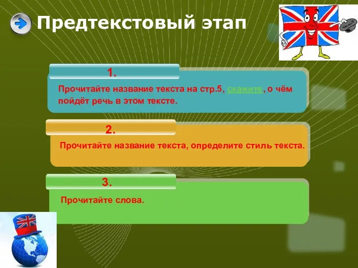 Предтекстовый этап 1. 2. 3. Прочитайте название текста на стр.5, скажите,