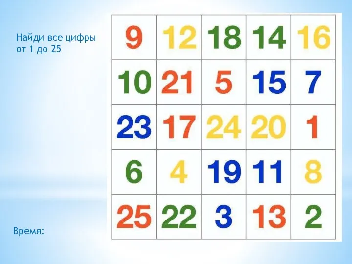 Время: Найди все цифры от 1 до 25