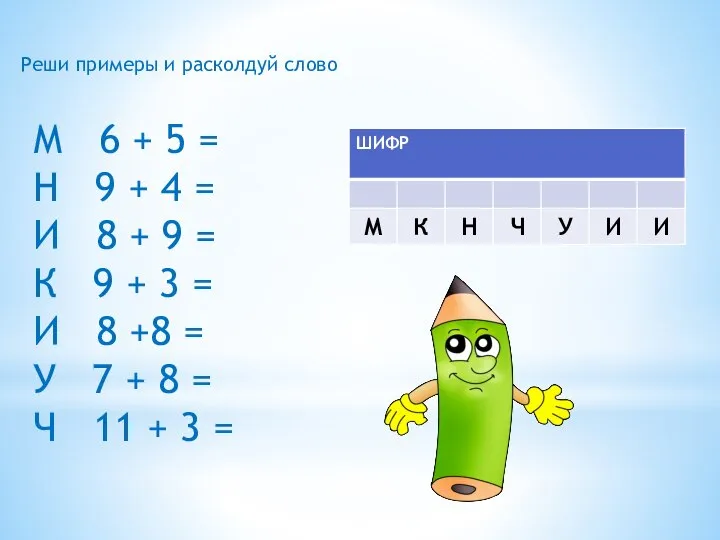 Реши примеры и расколдуй слово М 6 + 5 = Н