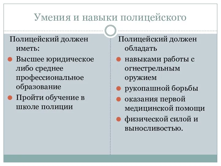 Умения и навыки полицейского Полицейский должен иметь: Высшее юридическое либо среднее