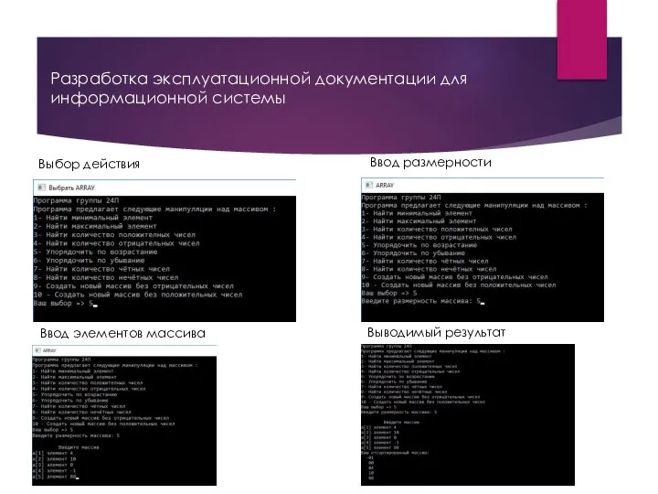 Разработка эксплуатационной документации для информационной системы Выбор действия Ввод размерности Ввод элементов массива Выводимый результат