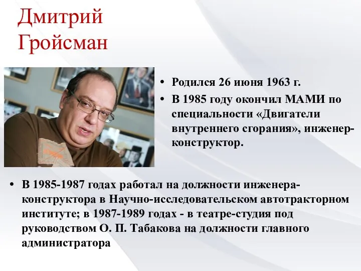 Дмитрий Гройсман Родился 26 июня 1963 г. В 1985 году окончил