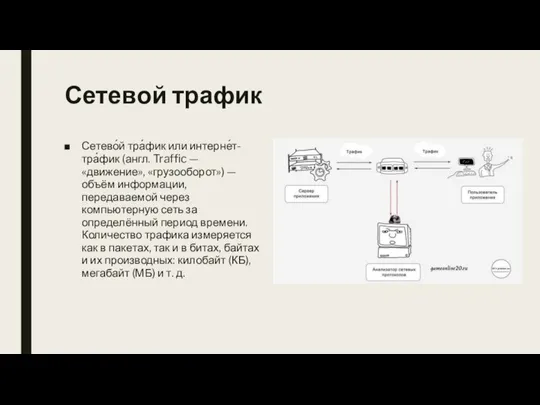 Сетевой трафик Сетево́й тра́фик или интерне́т-тра́фик (англ. Traffic — «движение», «грузооборот»)