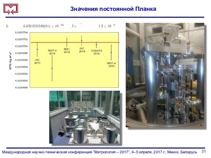 31 Международная научно-техническая конференция “Метрология – 2017”, 4–5 апреля, 2017 г., Минск, Беларусь Значения постоянной Планка