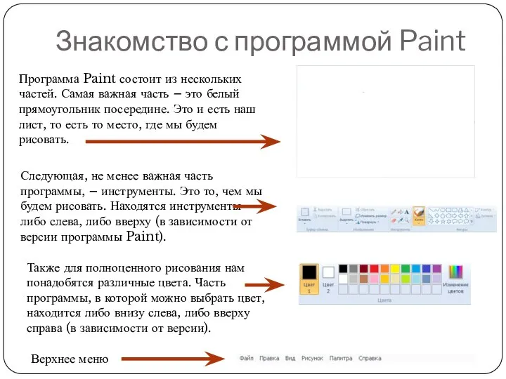 Знакомство с программой Paint Программа Paint состоит из нескольких частей. Самая