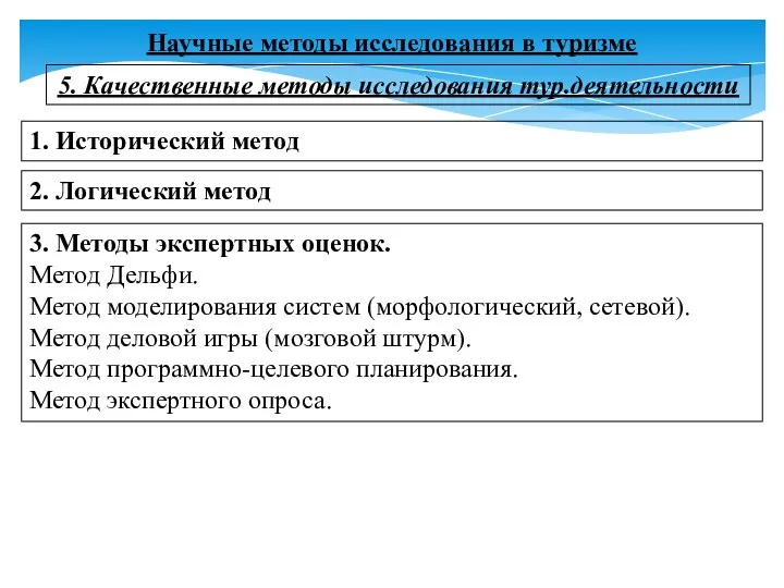 Научные методы исследования в туризме 5. Качественные методы исследования тур.деятельности 1.