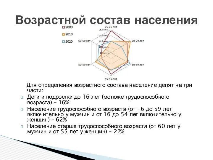 Для определения возрастного состава население делят на три части: Дети и