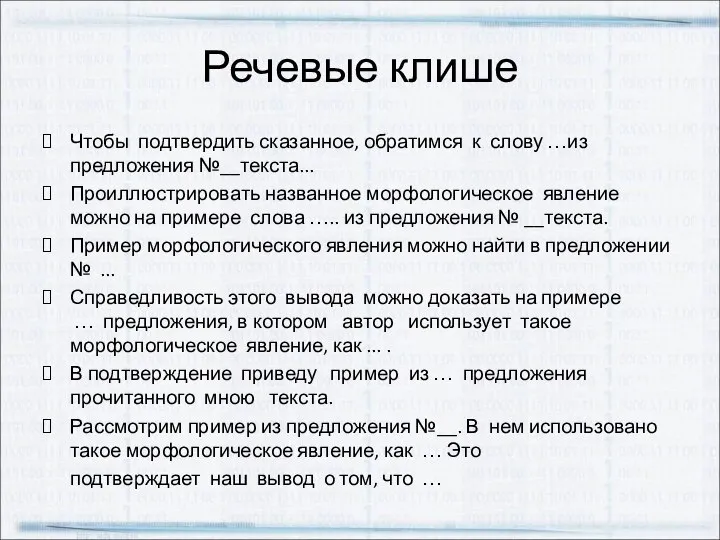 Речевые клише Чтобы подтвердить сказанное, обратимся к слову …из предложения №__текста...