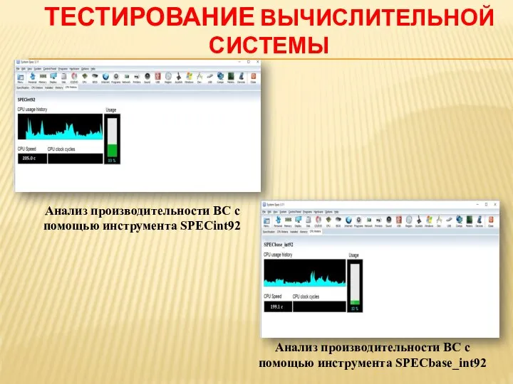 ТЕСТИРОВАНИЕ ВЫЧИСЛИТЕЛЬНОЙ СИСТЕМЫ Анализ производительности ВС с помощью инструмента SPECint92 Анализ