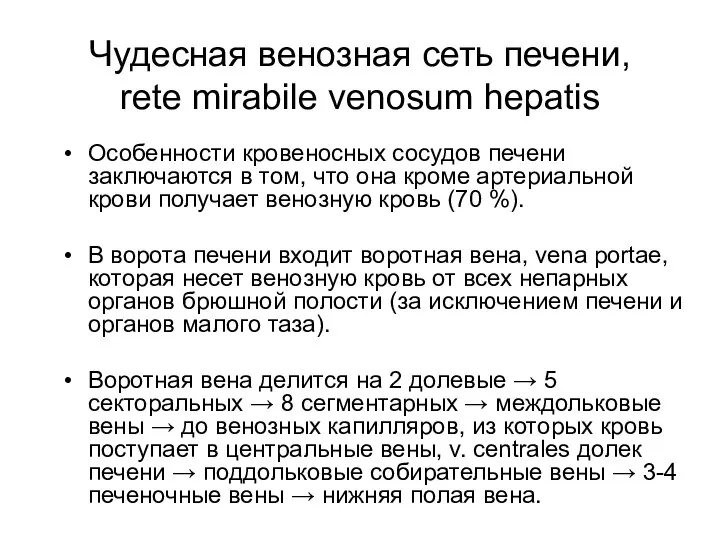 Чудесная венозная сеть печени, rete mirabile venosum hepatis Особенности кровеносных сосудов