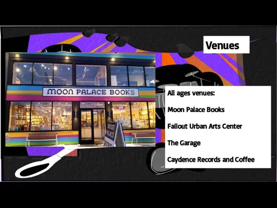 Venues All ages venues: Moon Palace Books Fallout Urban Arts Center