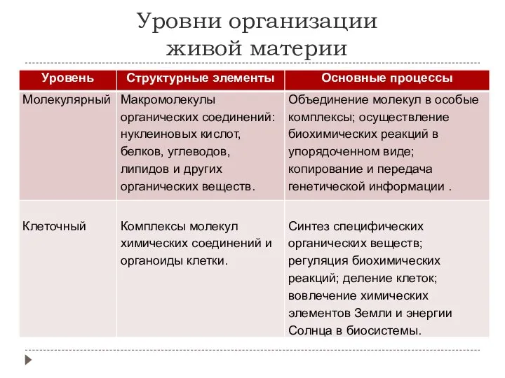 Уровни организации живой материи