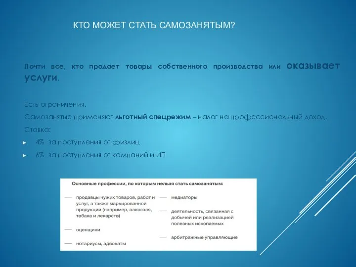 КТО МОЖЕТ СТАТЬ САМОЗАНЯТЫМ? Почти все, кто продает товары собственного производства