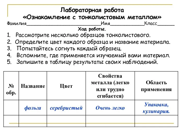 Лабораторная работа «Ознакомление с тонколистовым металлом» Фамилия__________________________Имя____________Класс______ Ход работы. 1. Рассмотрите