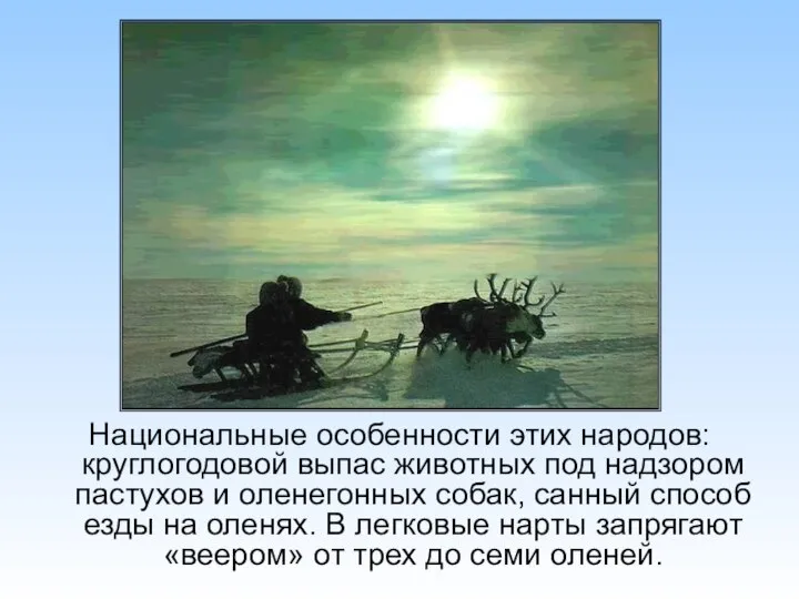 Национальные особенности этих народов: круглогодовой выпас животных под надзором пастухов и