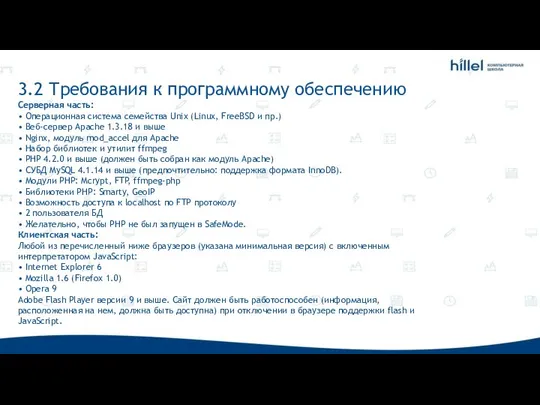 3.2 Требования к программному обеспечению Серверная часть: • Операционная система семейства