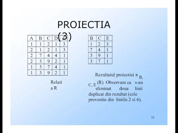 PROIECTIA (3) Relatia R Rezultatul proiectiei π B, C, E (R)