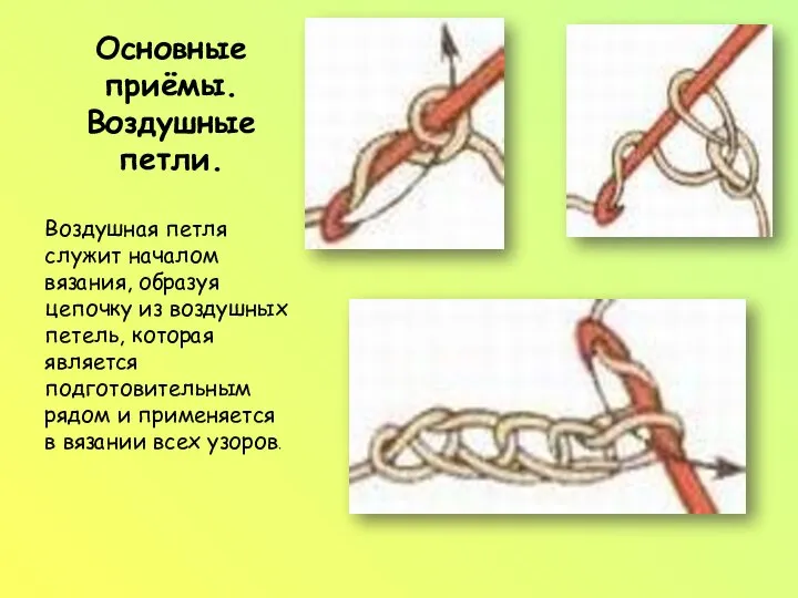 Основные приёмы. Воздушные петли. Воздушная петля служит началом вязания, образуя цепочку