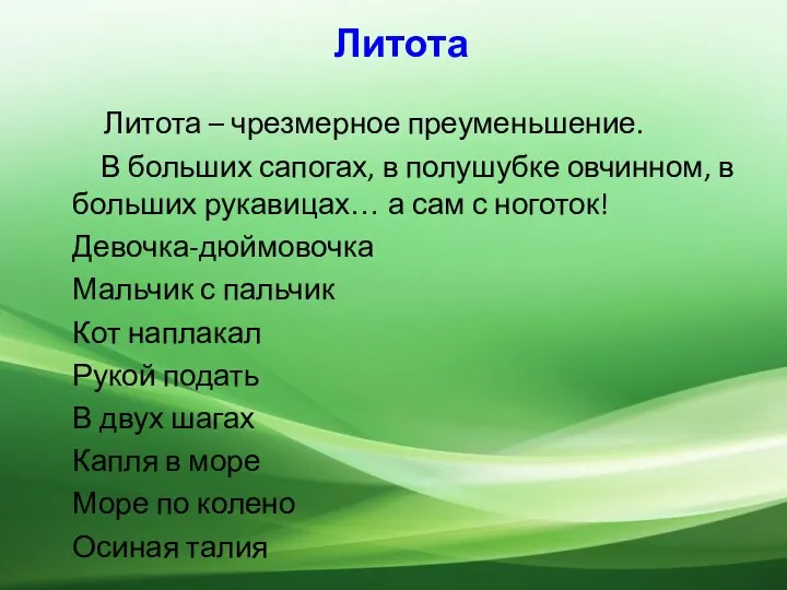 Литота Литота – чрезмерное преуменьшение. В больших сапогах, в полушубке овчинном,