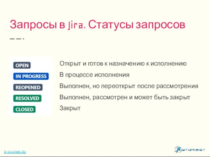 Запросы в Jira. Статусы запросов it-courses.by Открыт и готов к назначению