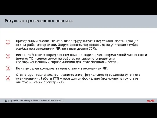 Проведенный анализ ЛР не выявил трудозатраты персонала, превышающие нормы рабочего времени.