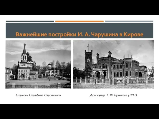 Важнейшие постройки И. А. Чарушина в Кирове Церковь Серафима Саровского Дом купца Т. Ф. Булычева (1911)