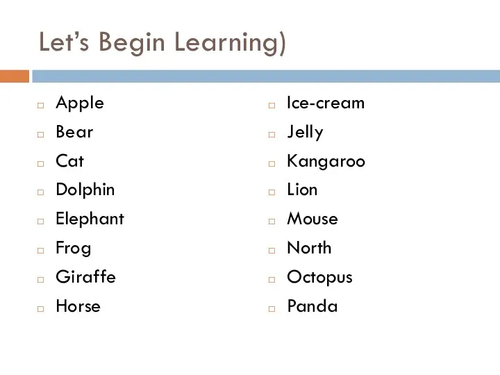 Let’s Begin Learning) Apple Bear Cat Dolphin Elephant Frog Giraffe Horse