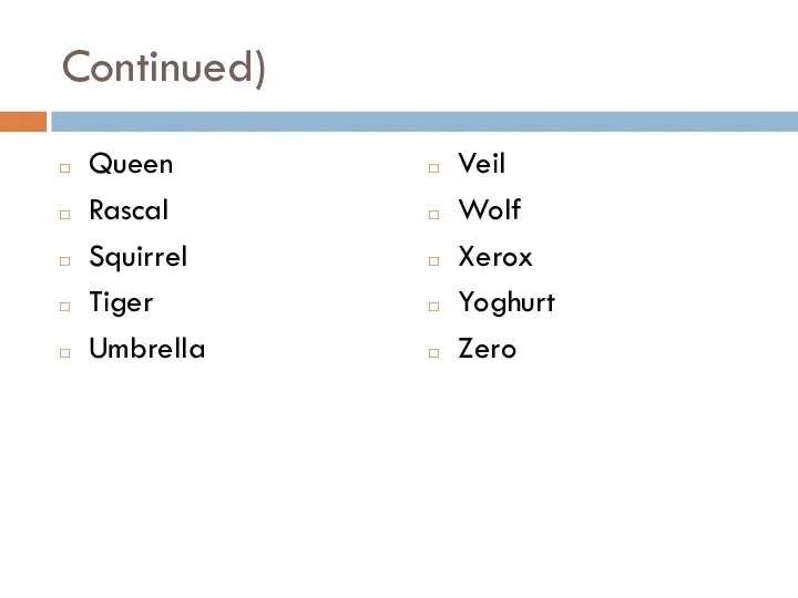 Continued) Queen Rascal Squirrel Tiger Umbrella Veil Wolf Xerox Yoghurt Zero