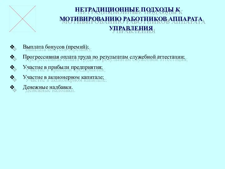 НЕТРАДИЦИОННЫЕ ПОДХОДЫ К МОТИВИРОВАНИЮ РАБОТНИКОВ АППАРАТА УПРАВЛЕНИЯ Выплата бонусов (премий); Прогрессивная