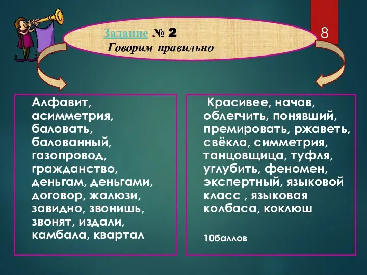 Задание № 2 Говорим правильно Алфавит, асимметрия, баловать, балованный, газопровод, гражданство,