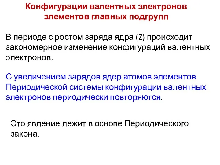 В периоде с ростом заряда ядра (Z) происходит закономерное изменение конфигураций