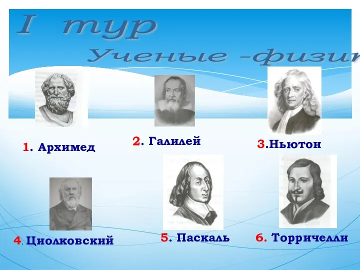 I тур 1. Архимед 2. Галилей 4. Циолковский 3.Ньютон 5. Паскаль 6. Торричелли Ученые -физики