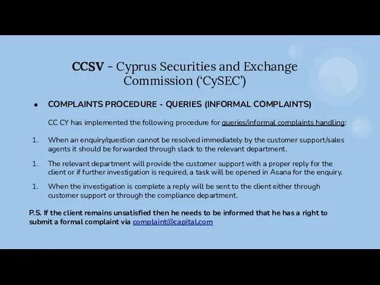 CCSV - Cyprus Securities and Exchange Commission (‘CySEC’) COMPLAINTS PROCEDURE -