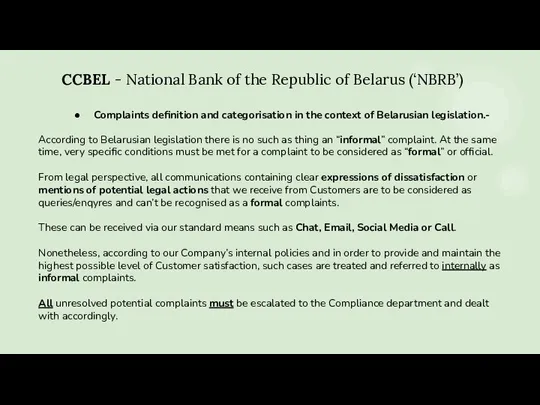 CCBEL - National Bank of the Republic of Belarus (‘NBRB’) Complaints