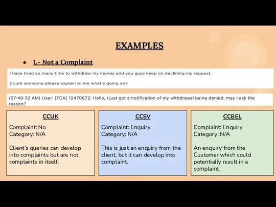 EXAMPLES 1.- Not a Complaint CCUK Complaint: No Category: N/A Client’s