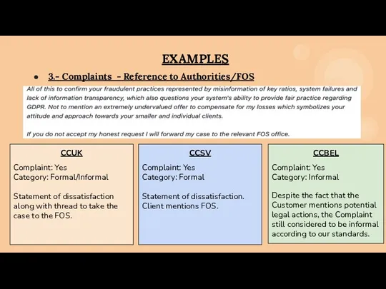 EXAMPLES 3.- Complaints - Reference to Authorities/FOS CCUK Complaint: Yes Category: