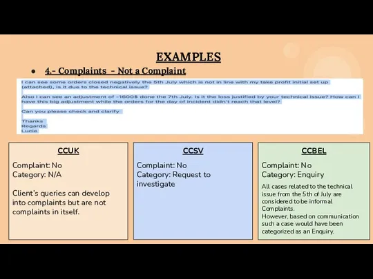 EXAMPLES 4.- Complaints - Not a Complaint CCSV Complaint: No Category: