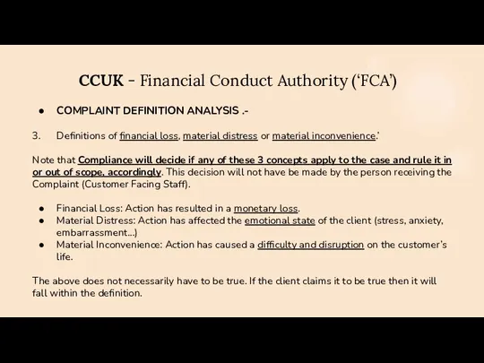 CCUK - Financial Conduct Authority (‘FCA’) COMPLAINT DEFINITION ANALYSIS .- 3.