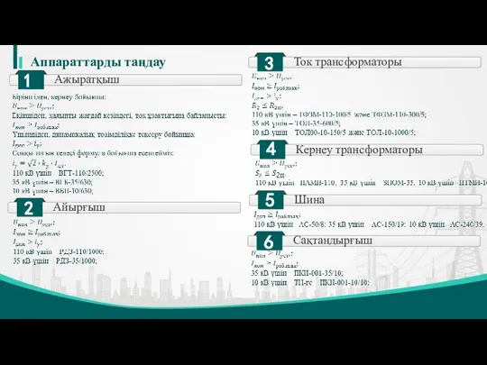 Аппараттарды таңдау Ажыратқыш 1 Айырғыш 2 Ток трансформаторы 3 Кернеу трансформаторы 4 Шина 5 Сақтандырғыш 6