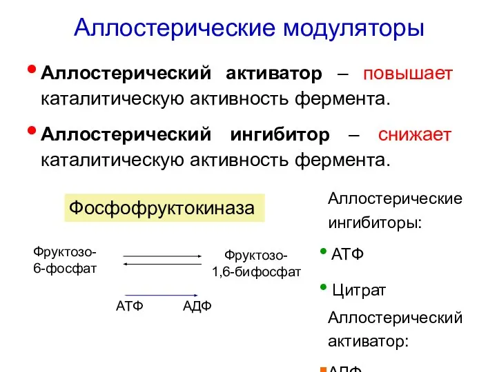 Аллостерические модуляторы Аллостерический активатор – повышает каталитическую активность фермента. Аллостерический ингибитор