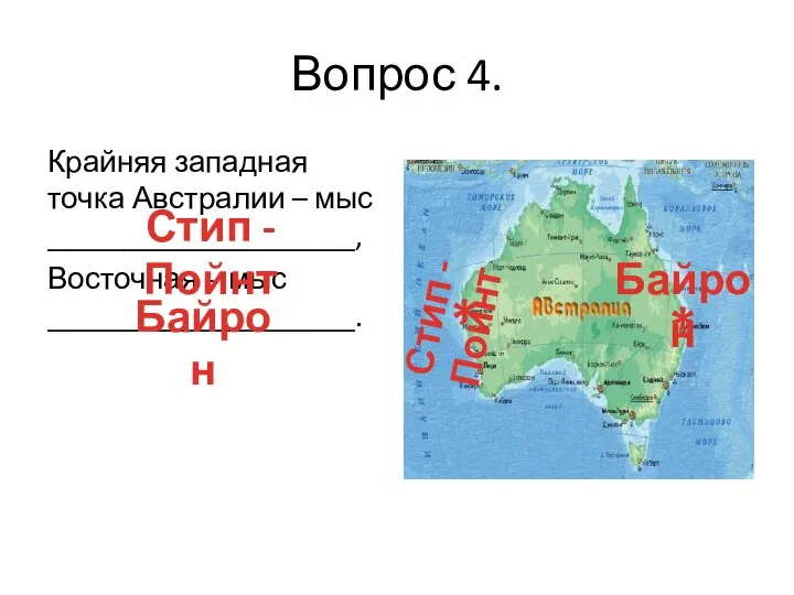 Вопрос 4. Крайняя западная точка Австралии – мыс ____________________, Восточная -