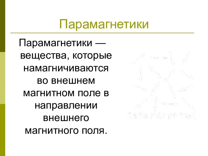 Парамагнетики Парамагнетики — вещества, которые намагничиваются во внешнем магнитном поле в направлении внешнего магнитного поля.