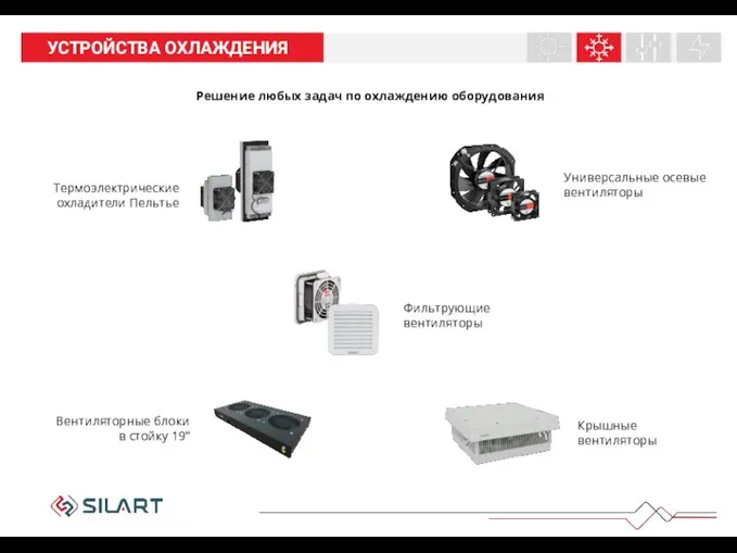 НАШИ ПРОДУКТЫ УСТРОЙСТВА ОХЛАЖДЕНИЯ Решение любых задач по охлаждению оборудования Термоэлектрические