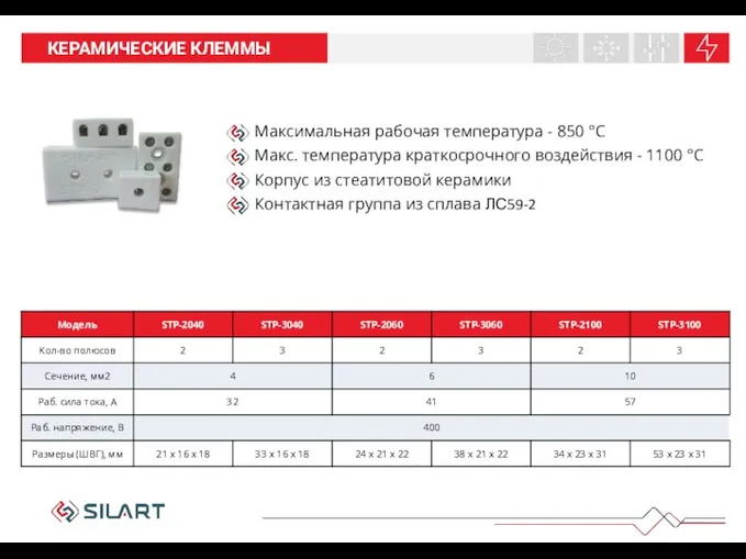 НАШИ ПРОДУКТЫ КЕРАМИЧЕСКИЕ КЛЕММЫ Максимальная рабочая температура - 850 °С Макс.