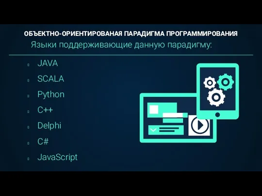 Языки поддерживающие данную парадигму: JAVA SCALA Python C++ Delphi C# JavaScript ОБЪЕКТНО-ОРИЕНТИРОВАНАЯ ПАРАДИГМА ПРОГРАММИРОВАНИЯ