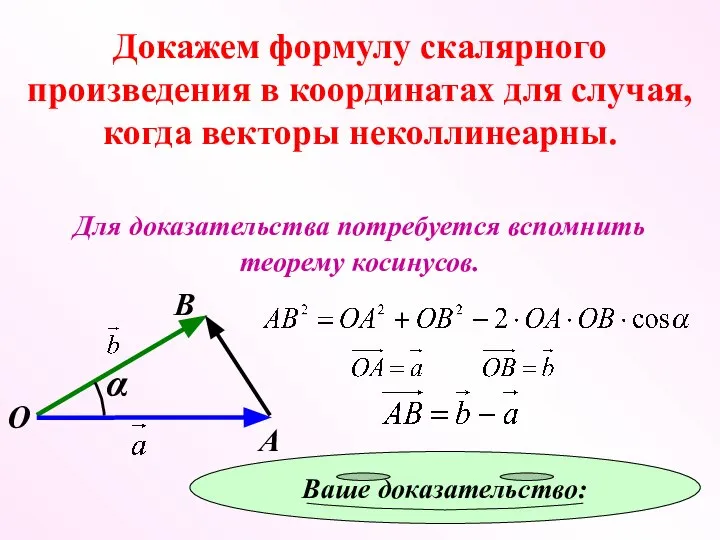 Докажем формулу скалярного произведения в координатах для случая, когда векторы неколлинеарны.